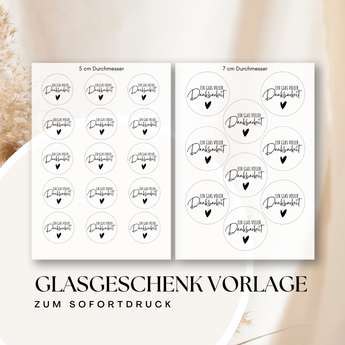 Glasgeschenk Vorlage „Ein Glas voller Dankbarkeit“ – Rundetiketten zum Ausdrucken | 5–9 cm | DIY Geschenkidee, Marmeladenglas Sticker, Printable