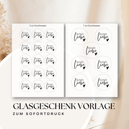 Glasgeschenk Vorlage „Ein Glas voll Liebe“ – runde Etiketten zum Ausdrucken | 5–9 cm | DIY Geschenkidee, Marmeladenglas Sticker, Printable