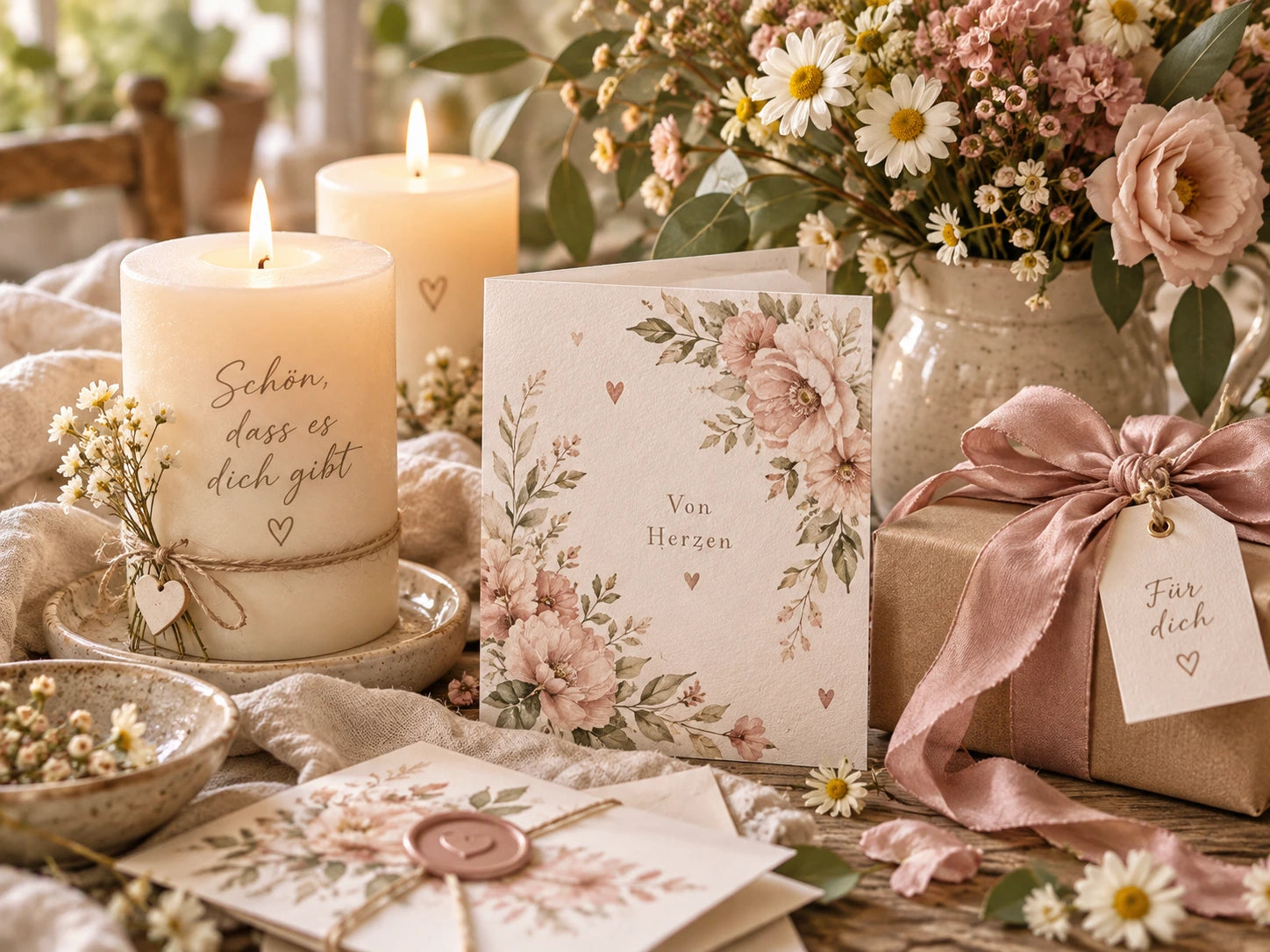 Kerzen, florale Karten und liebevoll verpackte Geschenkideen