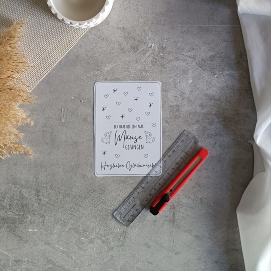 DIY-Geldgeschenk mit Mausefalle, Karte und eingerolltem Geldschein auf hellem Untergrund – humorvolle Bastelidee.